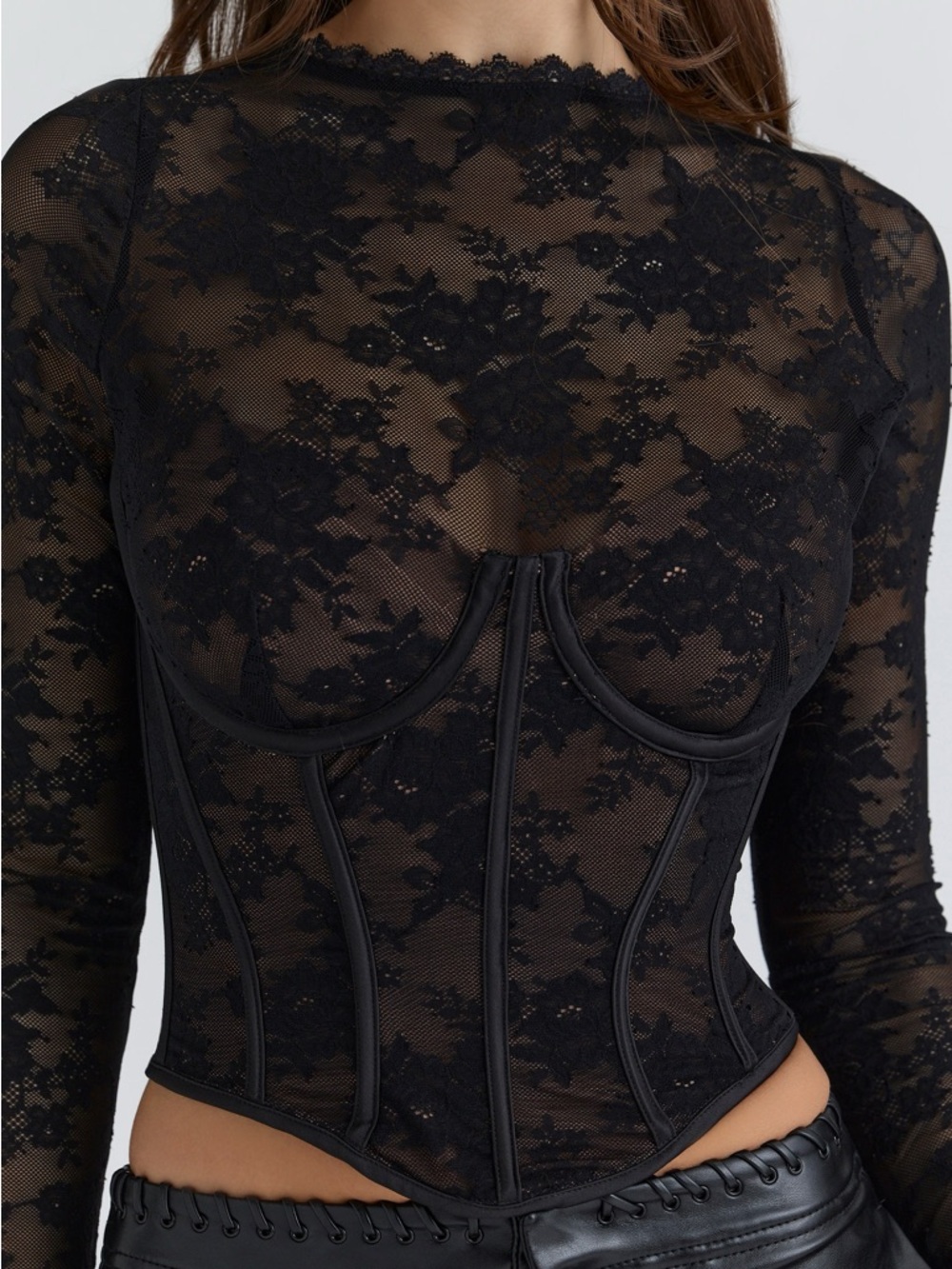 House of Cb ZOE Black Lace Long Sleeve Corset Top NWT - Picture 6 of 11